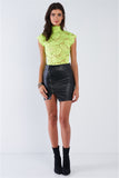 Neon Lime Green Lace Collared Short Sleeve Corset Back Sexy Bodysuit- fULL