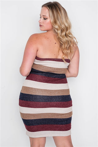 Plus Size Multi Stripe Strapless Bodycon Mini Dress- Back Close Up