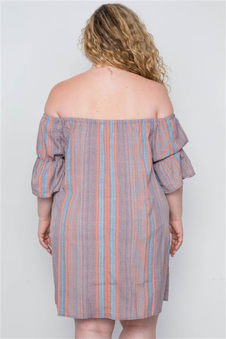 Plus Size Multi Coral Stripe Off-The-Shoulder Dress- Back