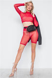 Red Sheer 2 Piece Biker Shorts Crop Top Set- Full Front