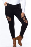 Cotton Spandex Black Plus Size Distressed Skinny Jeans- Close Up
