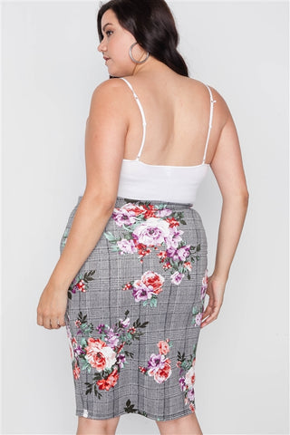 Plus Size Check Rose Print Pencil Skirt- Back