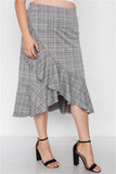 Plus Size Plaid Grey High-Waist Midi Skirt- Close Up Side
