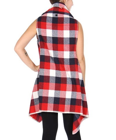 Red and Navy Blue Plaid Shawl Flyaway Vest- Back View
