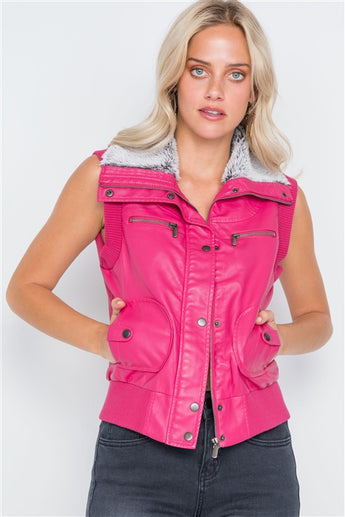 Fuchsia faux leather funnel neck zip-up vest faux fur collar