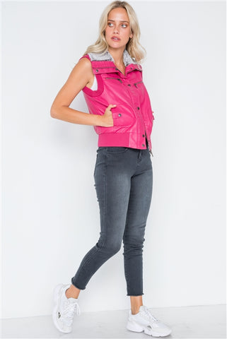 Fuchsia faux leather funnel neck zip-up vest faux fur collar- side