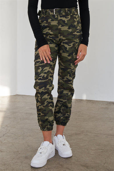 Olive Camouflage Belted High Waist Cargo Jogger Pants