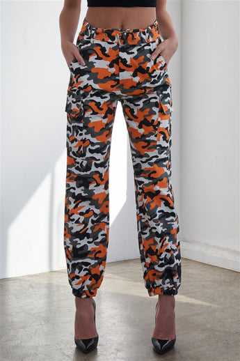 Orange Camouflage Belted High Waist Cargo Jogger Pants