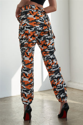 Orange Camouflage Belted High Waist Cargo Jogger Pants- Back