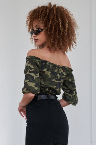 Olive Camouflage Off The Shoulder Mid-Length Puff Sleeve Crop Top- Back