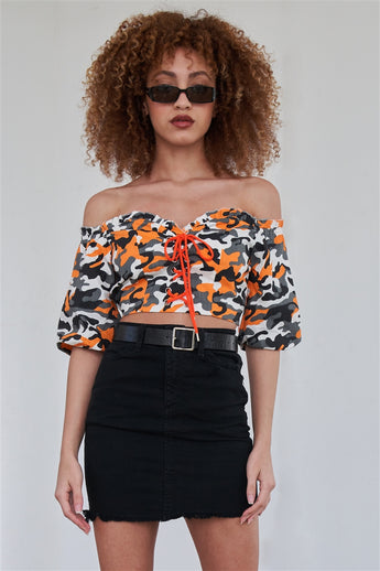 Orange Camouflage Off The Shoulder Mid-Length Puff Sleeve Crop Top