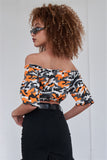 Orange Camouflage Off The Shoulder Mid-Length Puff Sleeve Crop Top- Back