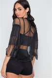 Black Sheer Two Piece Layered Mesh Long Sleeves Top- Back