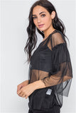 Black Sheer Two Piece Layered Mesh Long Sleeves Top- Side