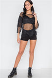 Black Sheer Two Piece Layered Mesh Long Sleeves Top- Full Front