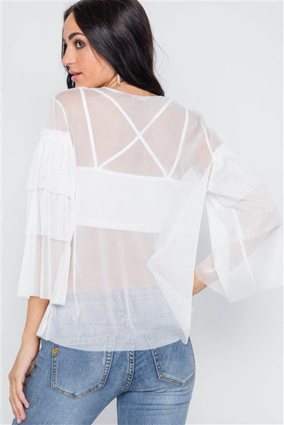 White Sheer Two Piece Mesh Long Sleeves Top- Back