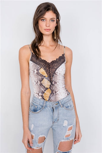 Brown Snake Print Lace V-Neck Combo Bodysuit