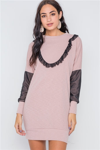 Mauve mesh detail mini tunic sweater dress