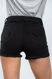 Black distressed high waisted short- Back Close Up