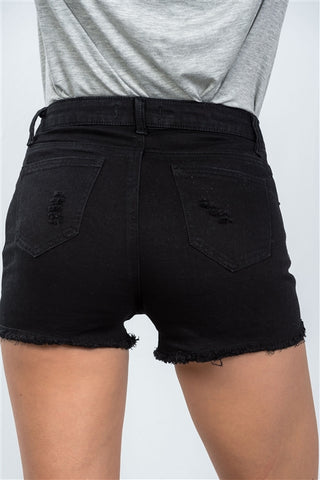 Black distressed high waisted short- Back Close Up