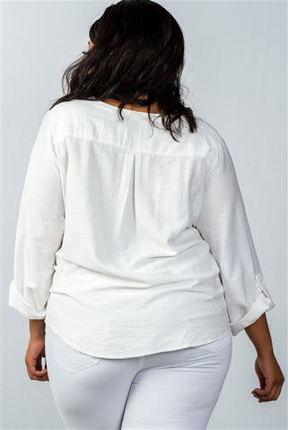 Plus Size Oatmeal Stand-Up Collar Roll Tab Sleeve Blouse- Back