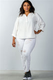 Plus Size Oatmeal Stand-Up Collar Roll Tab Sleeve Blouse- Full