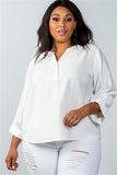 Plus Size Oatmeal Stand-Up Collar Roll Tab Sleeve Blouse- Close Up