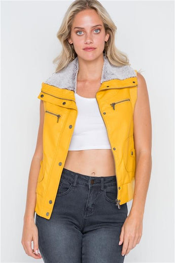 Mustard yellow faux leather funnel neck zip-up vest faux fur collar