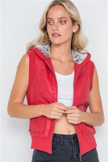 Red faux leather funnel neck zip-up vest with faux fur collar