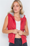 Red faux leather funnel neck zip-up vest with faux fur collar