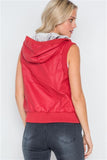 Red faux leather funnel neck zip-up vest with faux fur collar- BACK