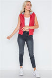 Red faux leather funnel neck zip-up vest with faux fur collar- FULL