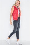 Red faux leather funnel neck zip-up vest with faux fur collar- SIDE