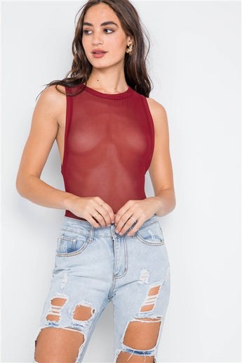 Burgundy Mesh Sleeveless Sheer Bodysuit- Front Close Up