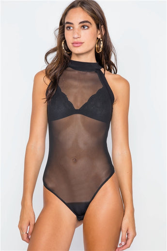 Black Mash Sheer Mock Neck Sleeveless Bodysuit