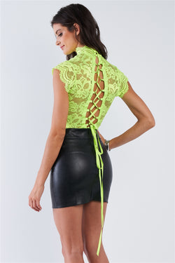 Neon Lime Green Lace Collared Short Sleeve Corset Back Sexy Bodysuit- bACK