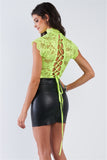Neon Lime Green Lace Collared Short Sleeve Corset Back Sexy Bodysuit- bACK