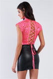 Neon Pink Lace Collared Short Sleeve Corset Back Sexy Bodysuit- Back