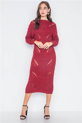 Burgundy Chunky Knit Long Sleeve Sweater Dress- Full Front