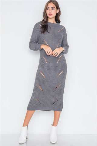 Gray Chunky Knit Distressed Midi Sweater Dress