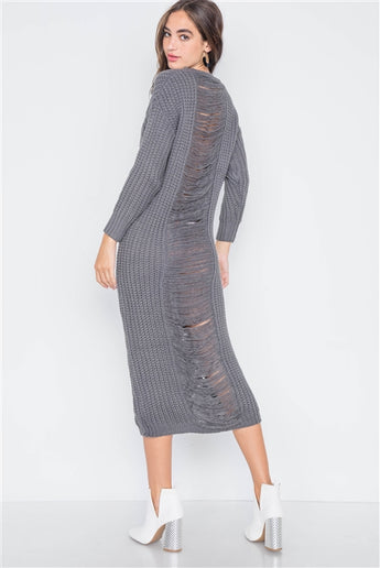 Gray Chunky Knit Long Sleeve Sweater Dress- Back