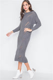 Gray Chunky Knit Long Sleeve Sweater Dress- Side