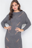 Gray Chunky Knit Long Sleeve Sweater Dress- Close Up
