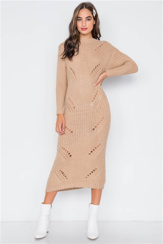 Khaki Chunky Knit Distressed Long Sleeve Midi Sweater Dress