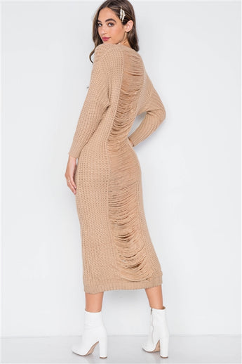 Khaki Chunky Knit Distressed Long Sleeve Midi Sweater Dress- Back