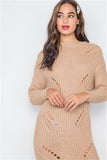 Khaki Chunky Knit Distressed Long Sleeve Midi Sweater Dress- Front Close Up