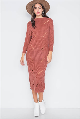 Rust Chunky Knit Distressed Long Sleeve Midi Sweater Dress