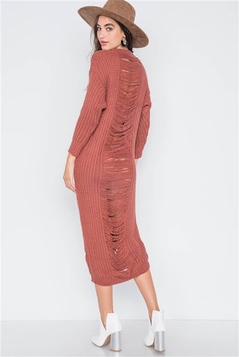 Rust Chunky Knit Distressed Long Sleeve Midi Sweater Dress- Back