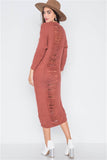 Rust Chunky Knit Distressed Long Sleeve Midi Sweater Dress- Back