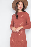 Rust Chunky Knit Distressed Long Sleeve Midi Sweater Dress- Close Up